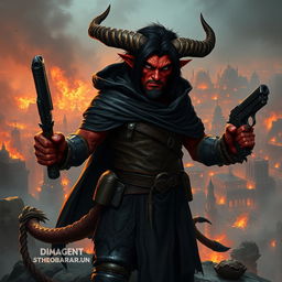 Gumong Steamfire, a 32-year-old young adult tiefling barbarian, depicted in a compelling fantasy scene