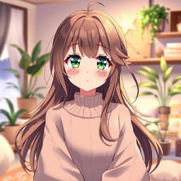 A delightful anime illustration of an 18-year-old cute and pretty girl with sparkling green eyes and flowing brown hair