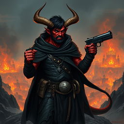 Gumong Steamfire, a 32-year-old young adult tiefling barbarian, depicted in a compelling fantasy scene