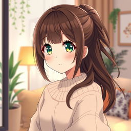 A delightful anime illustration of an 18-year-old cute and pretty girl with sparkling green eyes and flowing brown hair