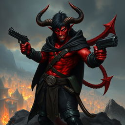 Gumong Steamfire, a 32-year-old young adult tiefling barbarian, depicted in a compelling fantasy scene