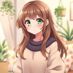 A delightful anime illustration of an 18-year-old cute and pretty girl with sparkling green eyes and flowing brown hair