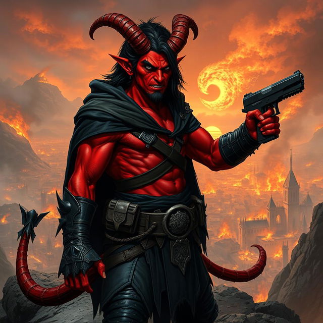 Gumong Steamfire, a 32-year-old young adult tiefling barbarian, depicted in a compelling fantasy scene