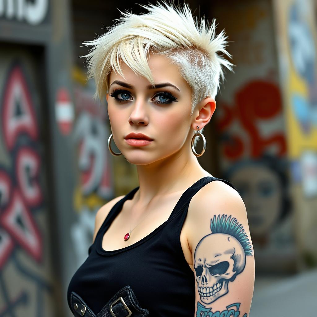 A punk college girl with a striking appearance, standing confidently in an artistic, urban setting