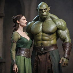 An orc husband towering in height, with muscular form and green skin, standing next to his elf wife, slender and elegant with fair skin, both wearing medieval attire. Their expressions showing fondness for one another.