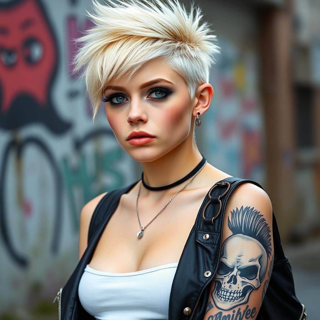 A punk college girl with a striking appearance, standing confidently in an artistic, urban setting