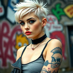 A punk college girl with a striking appearance, standing confidently in an artistic, urban setting