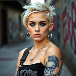 A punk college girl with a striking appearance, standing confidently in an artistic, urban setting