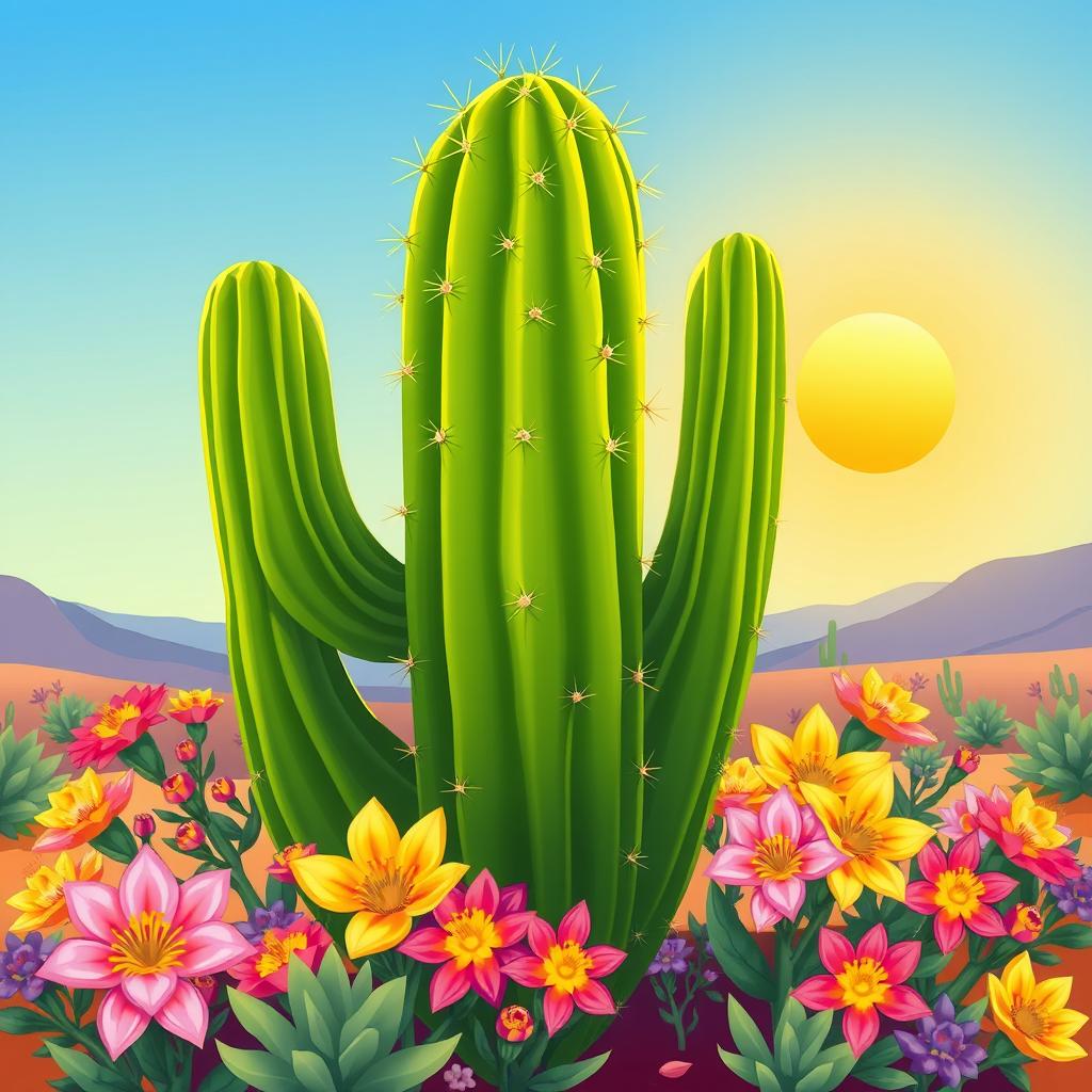 A vibrant and colorful animated illustration featuring a cardón cactus surrounded by the beautiful jujeña flowers