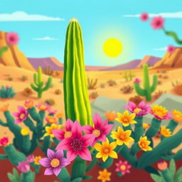 A vibrant and colorful animated illustration featuring a cardón cactus surrounded by the beautiful jujeña flowers