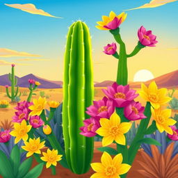 A vibrant and colorful animated illustration featuring a cardón cactus surrounded by the beautiful jujeña flowers