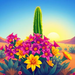 A vibrant and colorful animated illustration featuring a cardón cactus surrounded by the beautiful jujeña flowers