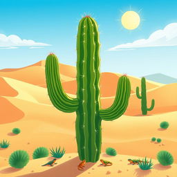 An animated illustration of a cardón cactus, showcasing its tall and spiny form, with a vibrant green color