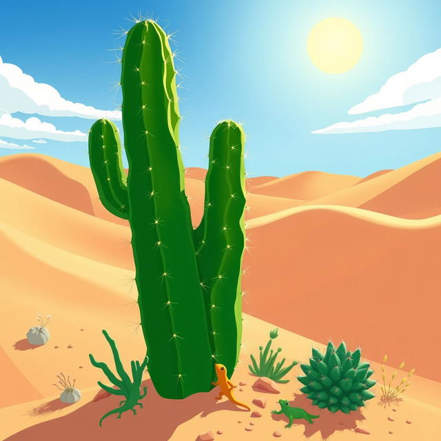 An animated illustration of a cardón cactus, showcasing its tall and spiny form, with a vibrant green color