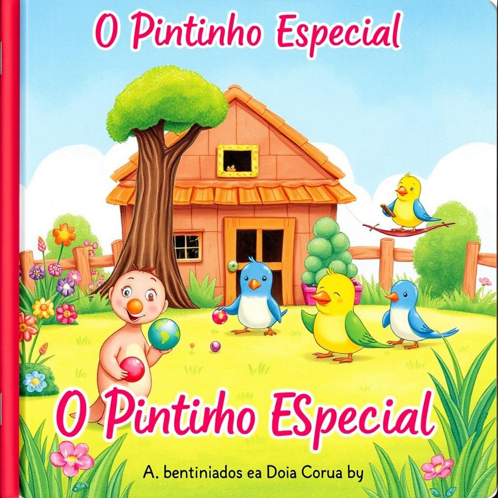 Uma capa de livro encantadora para 'O Pintinho Especial', apresentando uma ilustração vibrante de Dona Galinha e seus cinco adoráveis pintinhos em um pátio de fazenda colorido