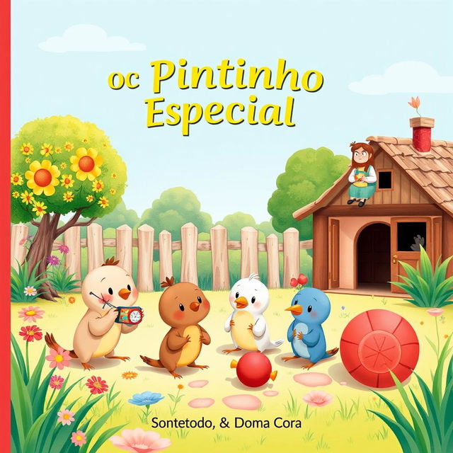 Uma capa de livro encantadora para 'O Pintinho Especial', apresentando uma ilustração vibrante de Dona Galinha e seus cinco adoráveis pintinhos em um pátio de fazenda colorido