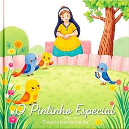 Uma capa de livro encantadora para 'O Pintinho Especial', apresentando uma ilustração vibrante de Dona Galinha e seus cinco adoráveis pintinhos em um pátio de fazenda colorido