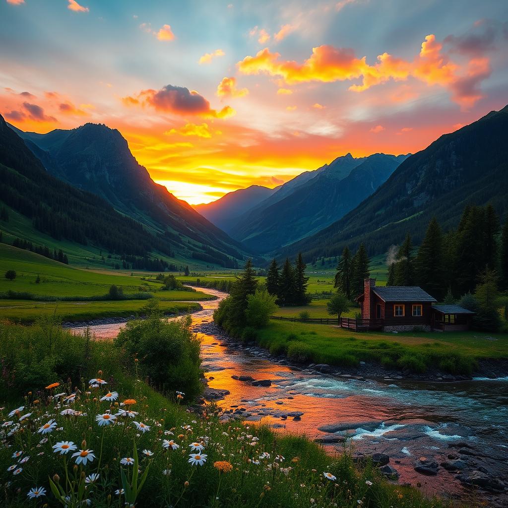 A beautiful, serene landscape featuring a lush green valley surrounded by majestic mountains under a vibrant sunset