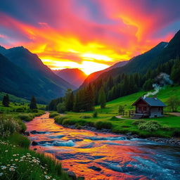 A beautiful, serene landscape featuring a lush green valley surrounded by majestic mountains under a vibrant sunset