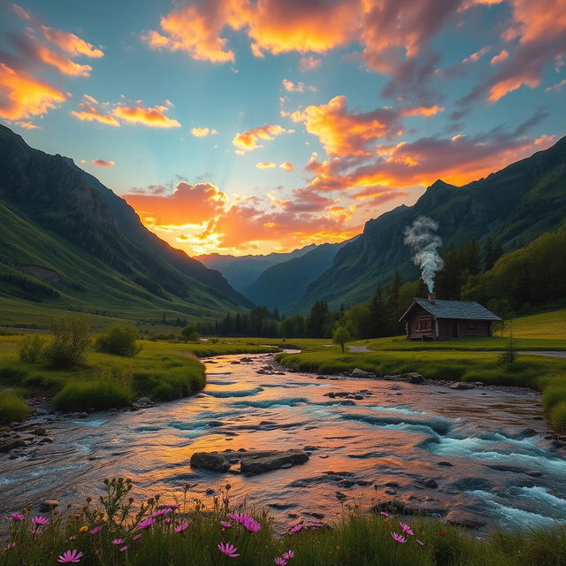 A beautiful, serene landscape featuring a lush green valley surrounded by majestic mountains under a vibrant sunset