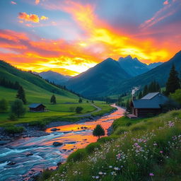 A beautiful, serene landscape featuring a lush green valley surrounded by majestic mountains under a vibrant sunset