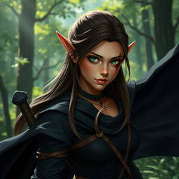 A striking female wood elf character with small pointed ears and a scar over her left eye, showcasing her unique features