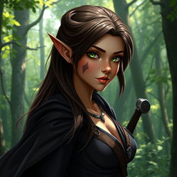 A striking female wood elf character with small pointed ears and a scar over her left eye, showcasing her unique features