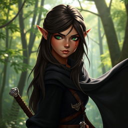 A striking female wood elf character with small pointed ears and a scar over her left eye, showcasing her unique features