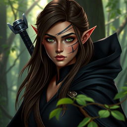 A captivating female wood elf with small pointed ears and a noticeable scar line over her left eye, emphasizing her fierce yet beautiful appearance