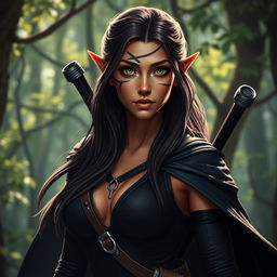 A captivating female wood elf with small pointed ears and a noticeable scar line over her left eye, emphasizing her fierce yet beautiful appearance