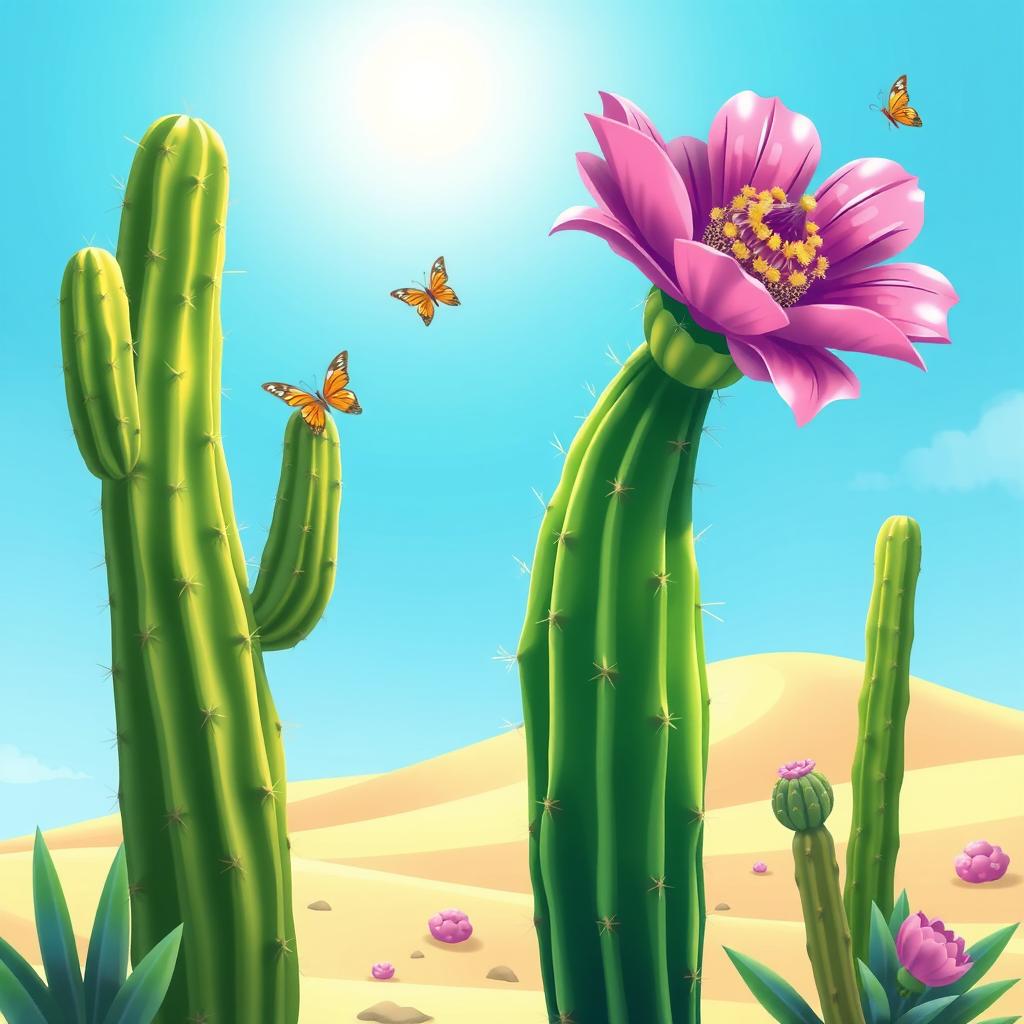 An animated illustration featuring a beautiful cardón cactus with a vibrant flower blooming from it