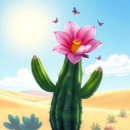 An animated illustration featuring a beautiful cardón cactus with a vibrant flower blooming from it