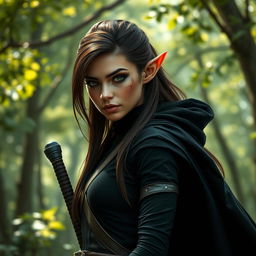 A captivating female wood elf with small pointed ears and a noticeable scar line over her left eye, emphasizing her fierce yet beautiful appearance