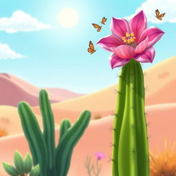 An animated illustration featuring a beautiful cardón cactus with a vibrant flower blooming from it