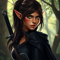 A captivating female wood elf with small pointed ears and a noticeable scar line over her left eye, emphasizing her fierce yet beautiful appearance