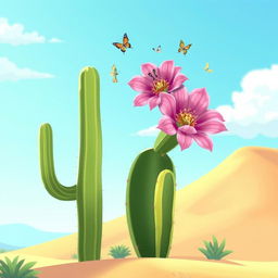 An animated illustration featuring a beautiful cardón cactus with a vibrant flower blooming from it