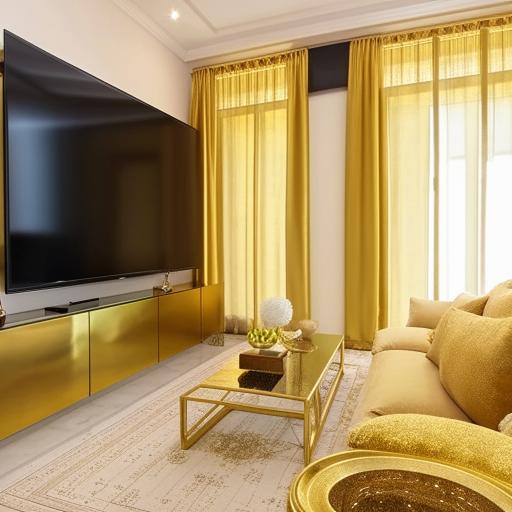 A contemporary high-ceilinged sitting room featuring SOP design, gold and beige curtains, a three-seater and two-seater sofa, a gold table, with a white and gold Persian rug beneath. The room is centered around a 60-inch television.