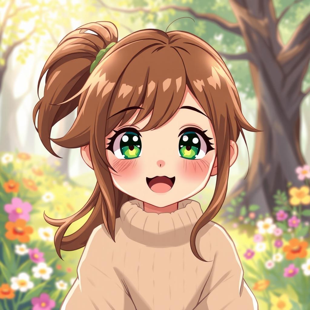 A whimsical anime illustration of a young girl with sparkling green eyes and flowing brown hair