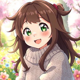 A whimsical anime illustration of a young girl with sparkling green eyes and flowing brown hair