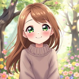 A whimsical anime illustration of a young girl with sparkling green eyes and flowing brown hair