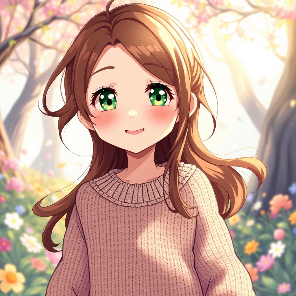 A whimsical anime illustration of a young girl with sparkling green eyes and flowing brown hair