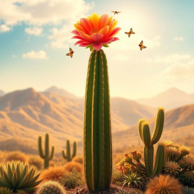 An animated landscape depicting the breathtaking scenery of Jujuy, Argentina, featuring a cardón cactus with a vibrant flower blooming on top