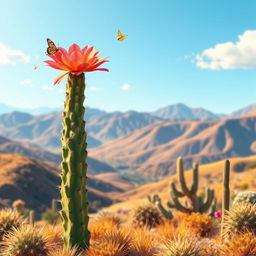 An animated landscape depicting the breathtaking scenery of Jujuy, Argentina, featuring a cardón cactus with a vibrant flower blooming on top