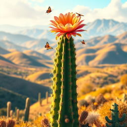 An animated landscape depicting the breathtaking scenery of Jujuy, Argentina, featuring a cardón cactus with a vibrant flower blooming on top