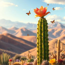 An animated landscape depicting the breathtaking scenery of Jujuy, Argentina, featuring a cardón cactus with a vibrant flower blooming on top