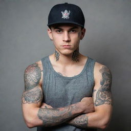 A rebellious young man with detailed, cool tattoos covering his arms and wearing a stylish cap.