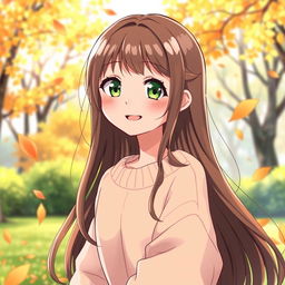 A colorful anime illustration of a 15-year-old girl with bright green eyes and long, flowing brown hair