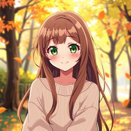 A colorful anime illustration of a 15-year-old girl with bright green eyes and long, flowing brown hair