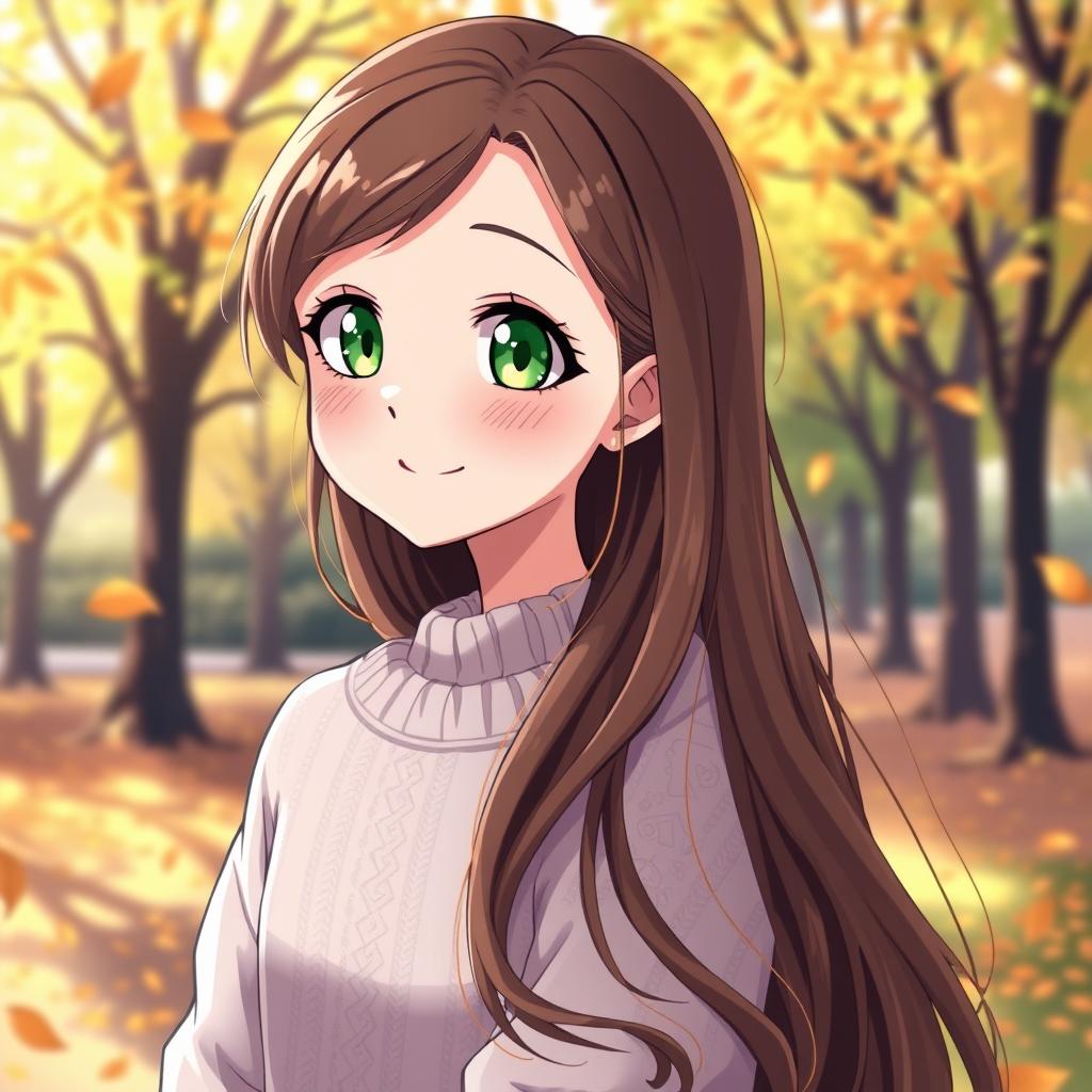 A colorful anime illustration of a 15-year-old girl with bright green eyes and long, flowing brown hair