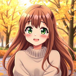 A colorful anime illustration of a 15-year-old girl with bright green eyes and long, flowing brown hair